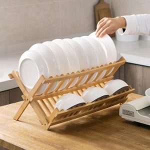 Escurridor plegable de platos de bambú en X