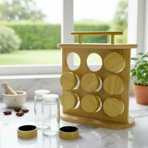 Condimentero 9 pcs de bambú con asa de acero
