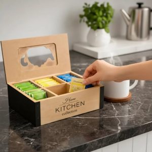Caja de Té de Madera con Ventana de Vidrio 6 Compartimentos
