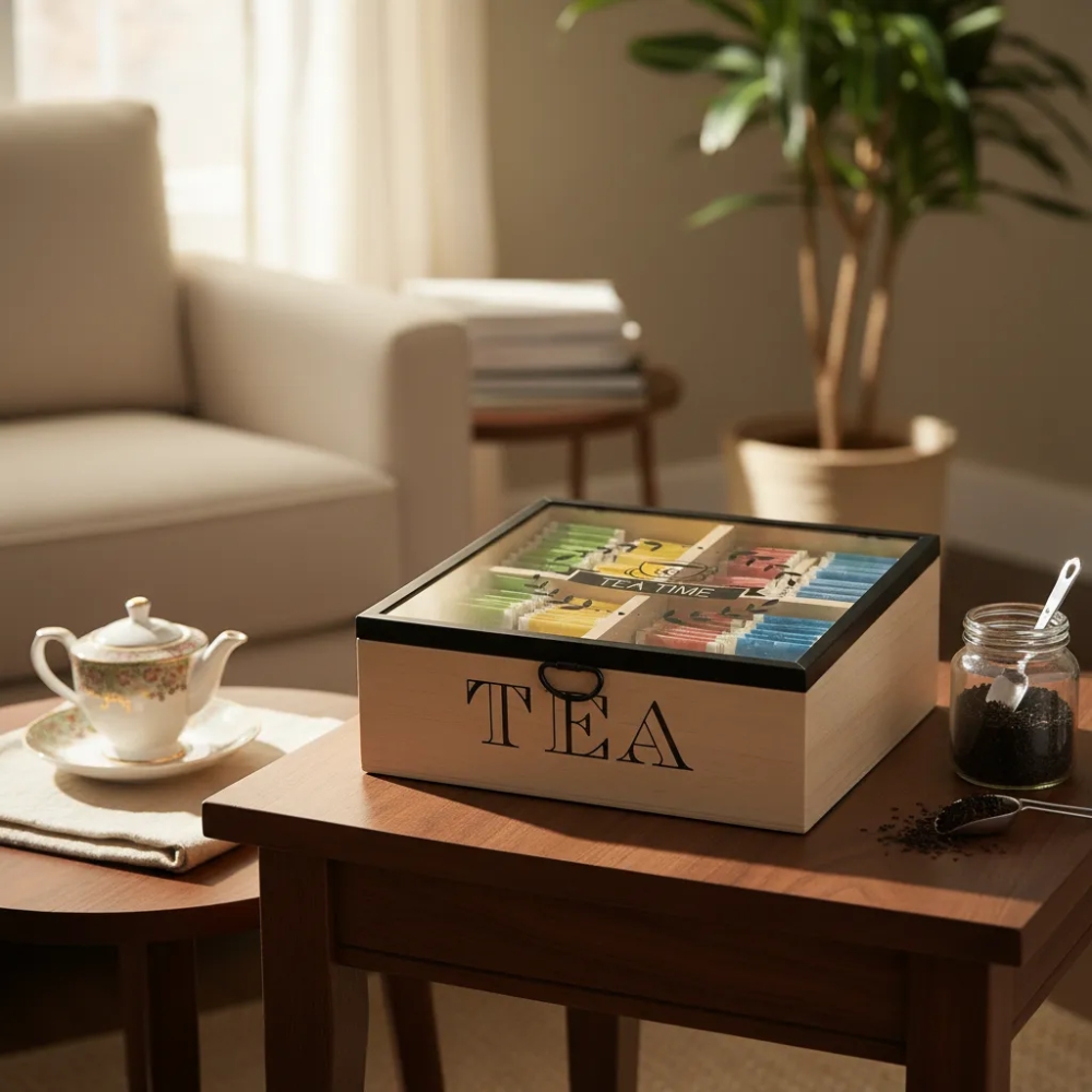 Caja Organizadora de Té de Madera con 4 Compartimentos - Imagen 3
