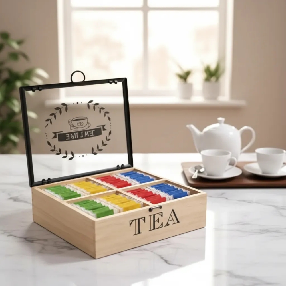 Caja Organizadora de Té de Madera con 4 Compartimentos