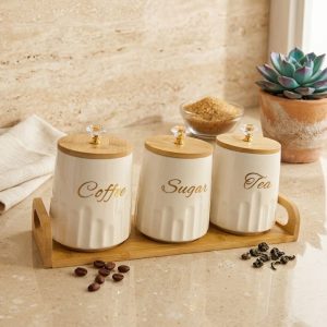 Set de Frascos de Cerámica para Café, Azúcar y Té con Base de Bambú