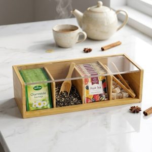 Organizador de Té de Bambú con Tapa Acrílica – 4 Compartimentos