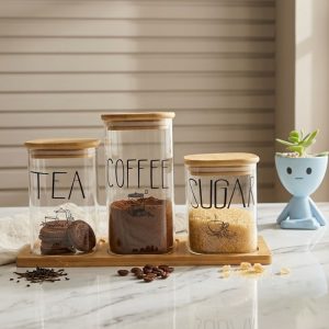 Set Frasco de Vidrio Cuadrado con Tapa Bambú