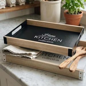 Bandeja de Servir Rectangular de Madera con Acero