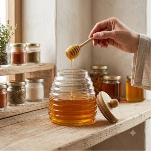 Mielera de Vidrio Borosilicato con Cuchara de Madera