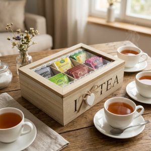 Caja Organizadora para Té de Madera con Tapa de Vidrio 6 Compartimentos