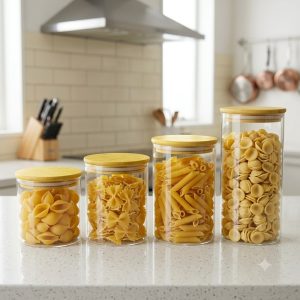 Set de 4 Frascos Herméticos de Vidrio con Tapa de Bambú para Cocina
